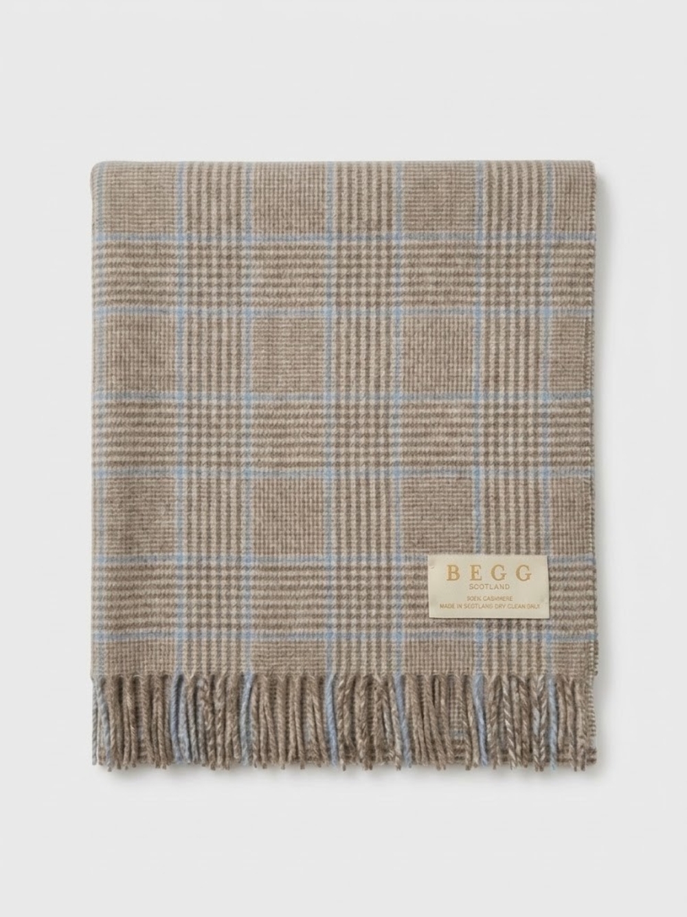 Unisex Beige And Blue Check Cashmere Scarf